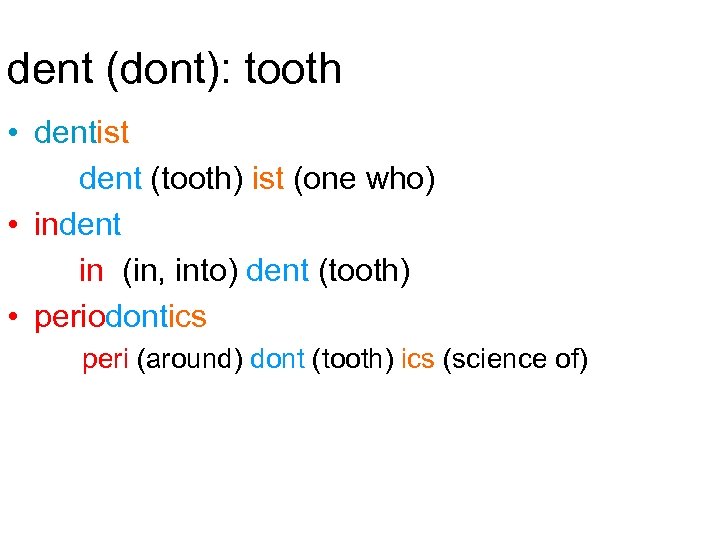 dent (dont): tooth • dentist dent (tooth) ist (one who) • indent in (in,