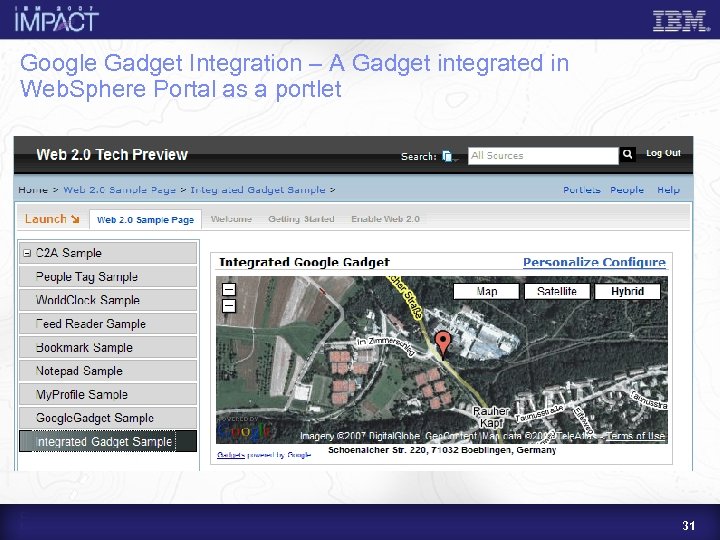 Google Gadget Integration – A Gadget integrated in Web. Sphere Portal as a portlet