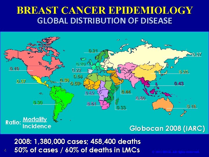 BREAST CANCER EPIDEMIOLOGY GLOBAL DISTRIBUTION OF DISEASE Ratio: 4 Mortality Incidence Globocan 2008 (IARC)