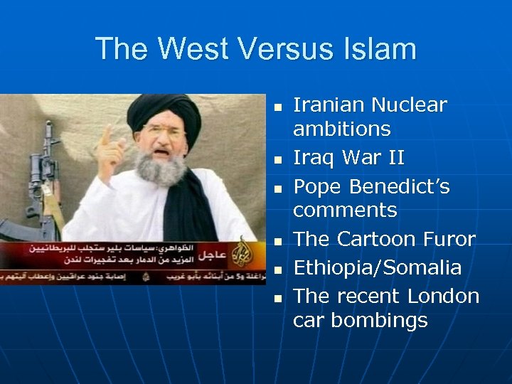 The West Versus Islam n n n Iranian Nuclear ambitions Iraq War II Pope