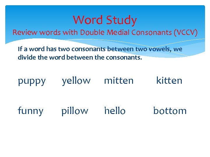 Word Study Review words with Double Medial Consonants (VCCV) If a word has two