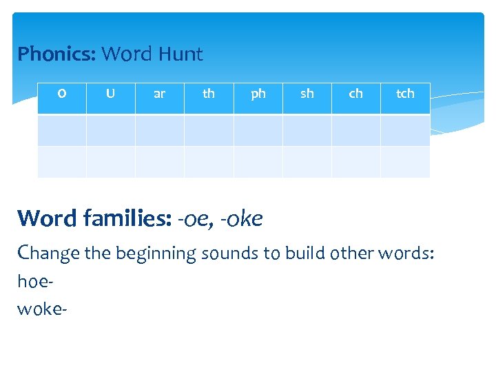 Phonics: Word Hunt O U ar th ph sh ch tch Word families: -oe,
