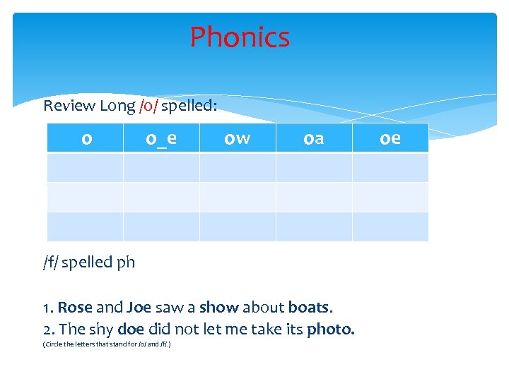 Phonics Review Long /o/ spelled: o o_e ow oa /f/ spelled ph 1. Rose