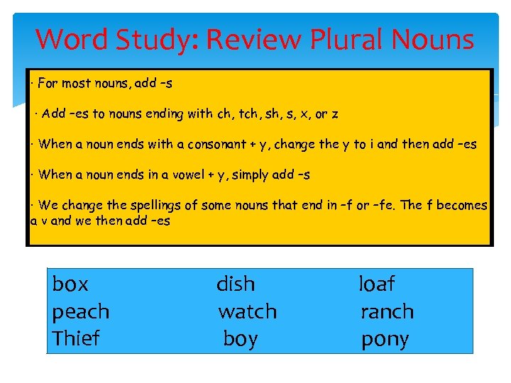 Word Study: Review Plural Nouns · For most nouns, add –s · Add –es