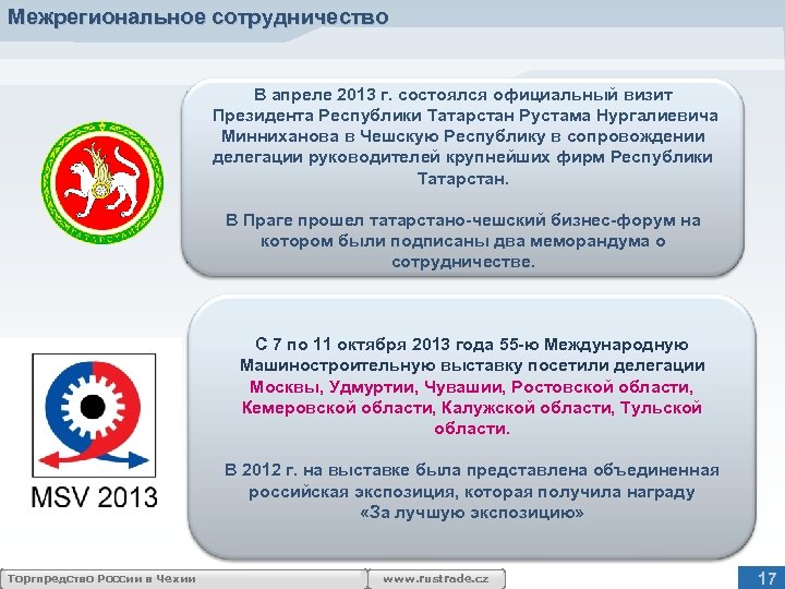 Межрегиональное сотрудничество В апреле 2013 г. состоялся официальный визит Президента Республики Татарстан Рустама Нургалиевича