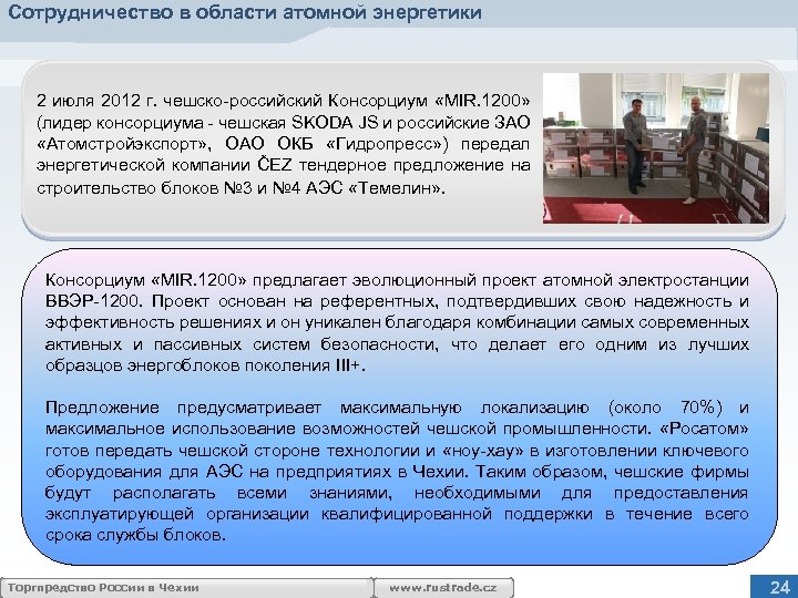 Сотрудничество в области атомной энергетики 2 июля 2012 г. чешско-российский Консорциум «MIR. 1200» (лидер