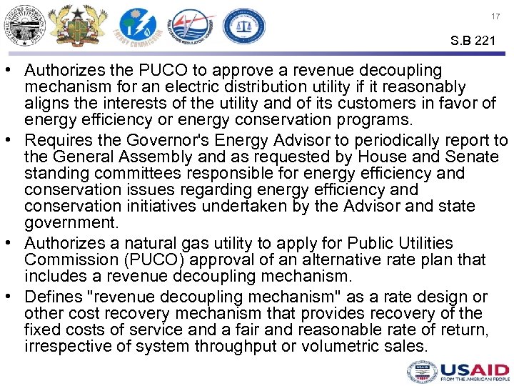 17 S. B 221 • Authorizes the PUCO to approve a revenue decoupling mechanism