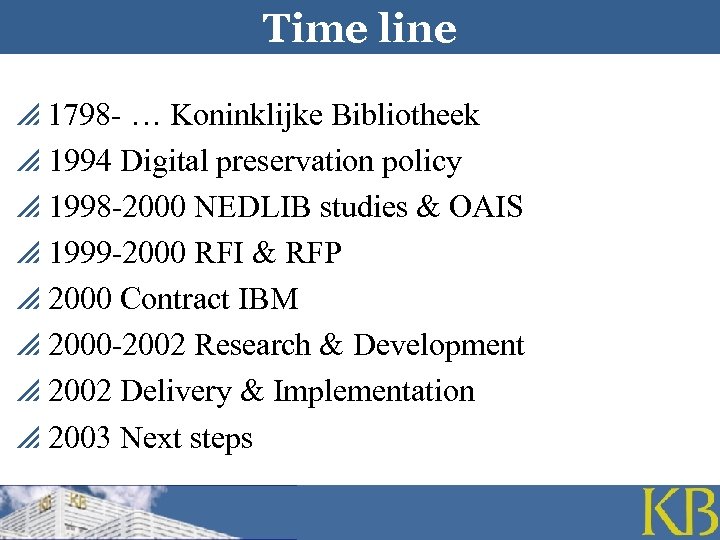 Time line p 1798 - … Koninklijke Bibliotheek p 1994 Digital preservation policy p