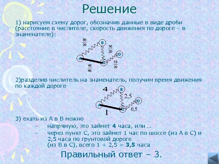 Решение 1) нарисуем схему дорог, обозначив данные в виде дроби (расстояние в числителе, скорость