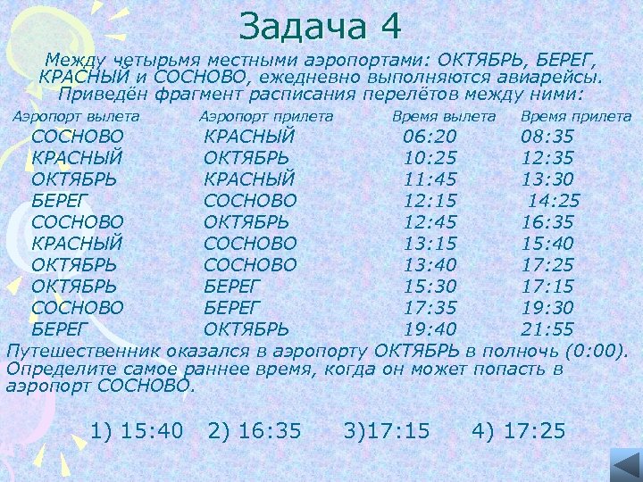 Задача 4 Между четырьмя местными аэропортами: ОКТЯБРЬ, БЕРЕГ, КРАСНЫЙ и СОСНОВО, ежедневно выполняются авиарейсы.