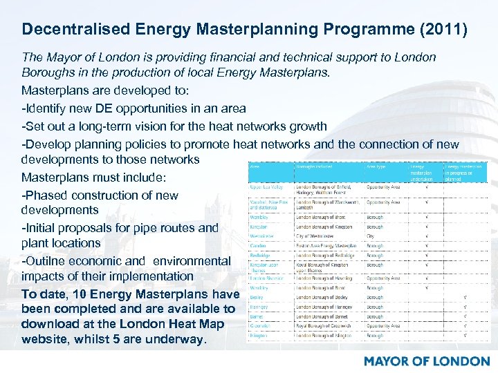 Decentralised Energy Masterplanning Programme (2011) The Mayor of London is providing financial and technical