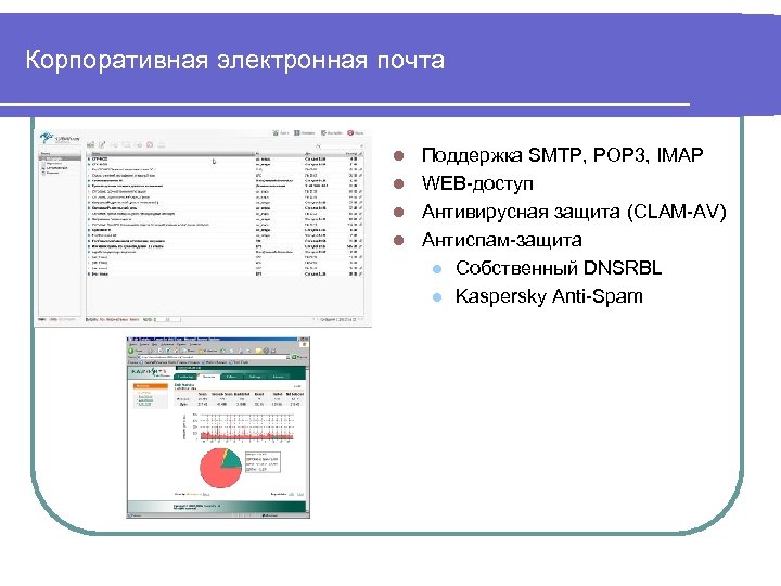 Корпоративная электронная почта Поддержка SMTP, POP 3, IMAP l WEB-доступ l Антивирусная защита (CLAM-AV)