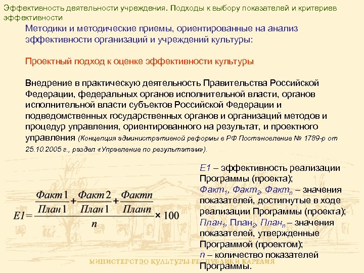 Эффективность деятельности учреждения. Подходы к выбору показателей и критериев эффективности Методики и методические приемы,