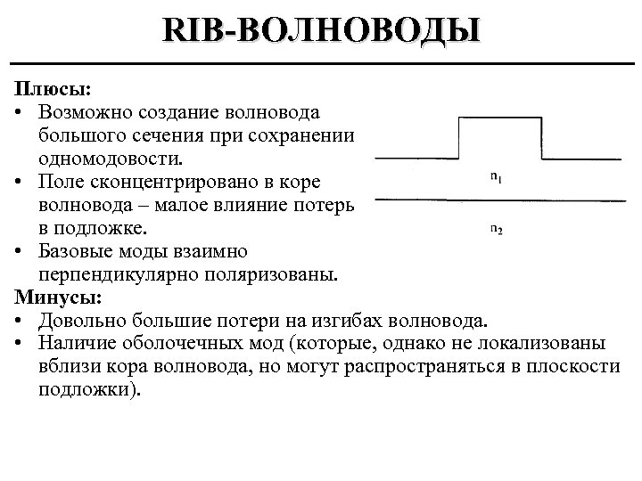 RIB-ВОЛНОВОДЫ Плюсы: • Возможно создание волновода большого сечения при сохранении одномодовости. • Поле сконцентрировано