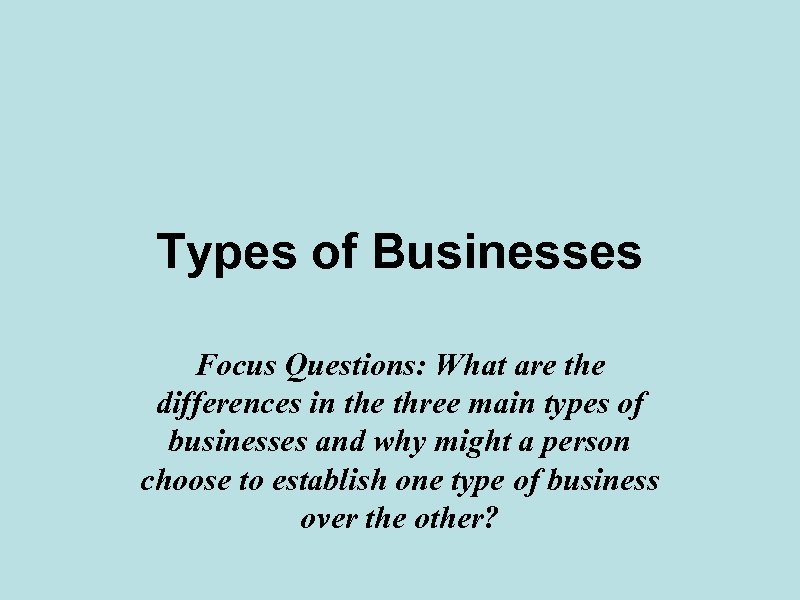 Types of Businesses Focus Questions: What are the differences in the three main types