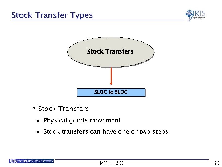 Stock Transfer Types Stock Transfers SLOC to SLOC • Stock Transfers t Physical goods