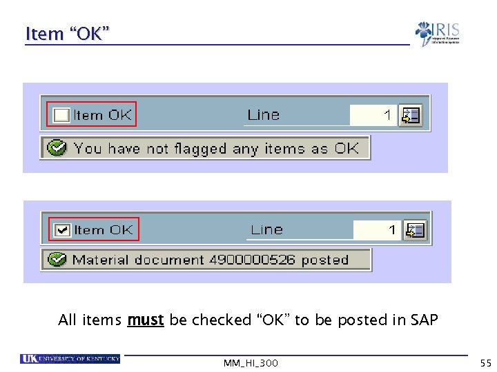 Item “OK” All items must be checked “OK” to be posted in SAP MM_HI_300