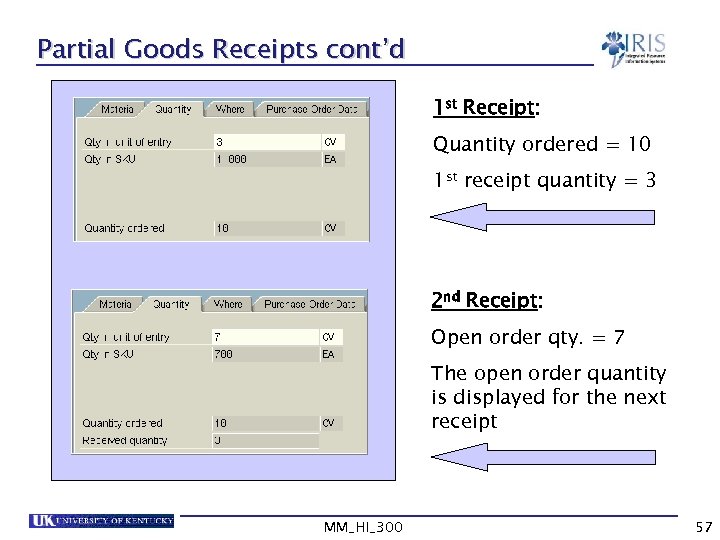 Partial Goods Receipts cont’d 1 st Receipt: Quantity ordered = 10 1 st receipt