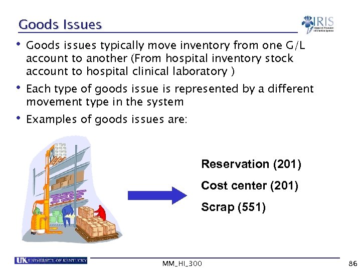 Goods Issues • Goods issues typically move inventory from one G/L account to another