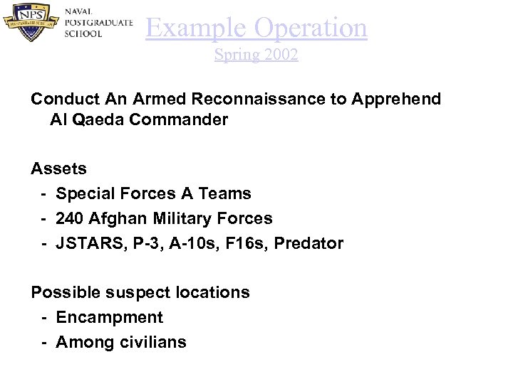 Example Operation Spring 2002 Conduct An Armed Reconnaissance to Apprehend Al Qaeda Commander Assets