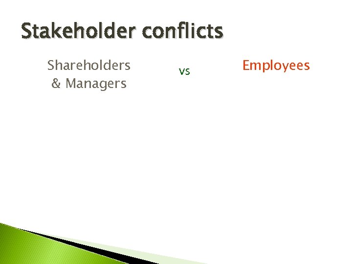 Stakeholder conflicts Shareholders & Managers vs Employees 