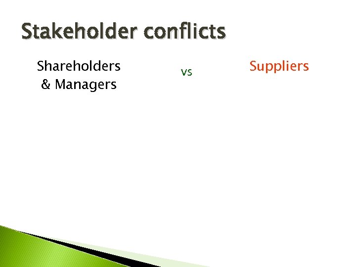 Stakeholder conflicts Shareholders & Managers vs Suppliers 