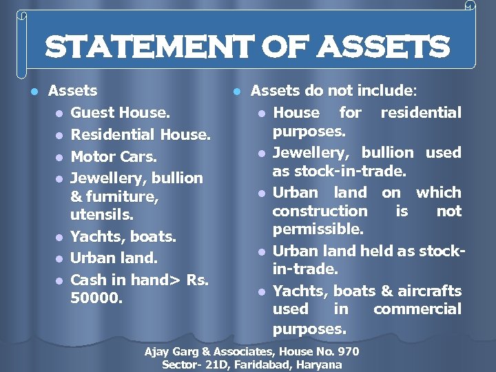 STATEMENT OF ASSETS l Assets l Guest House. l Residential House. l Motor Cars.