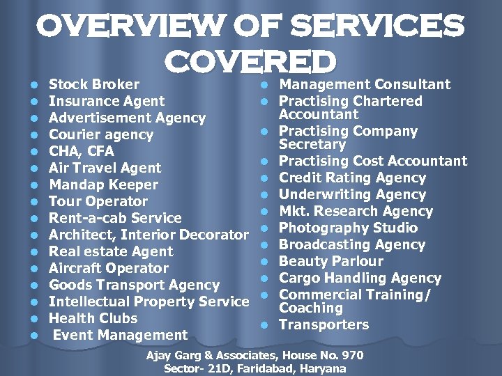 OVERVIEW OF SERVICES COVERED Stock Broker Management Consultant l l l l Stock Broker