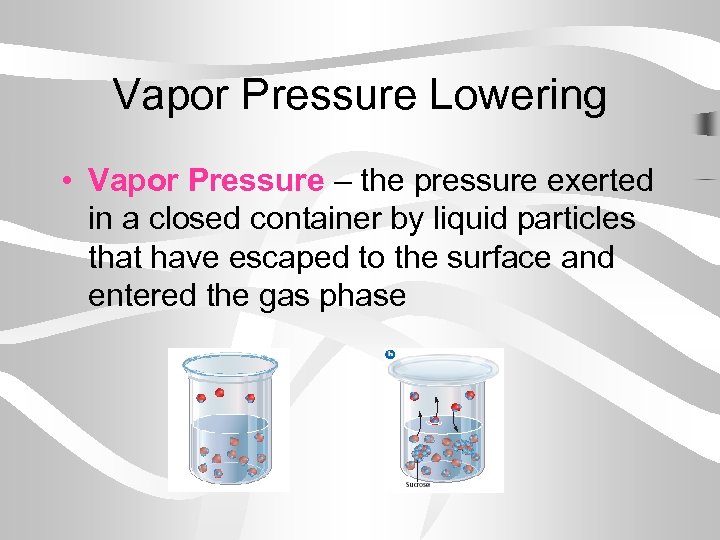 Vapor Pressure Lowering • Vapor Pressure – the pressure exerted in a closed container