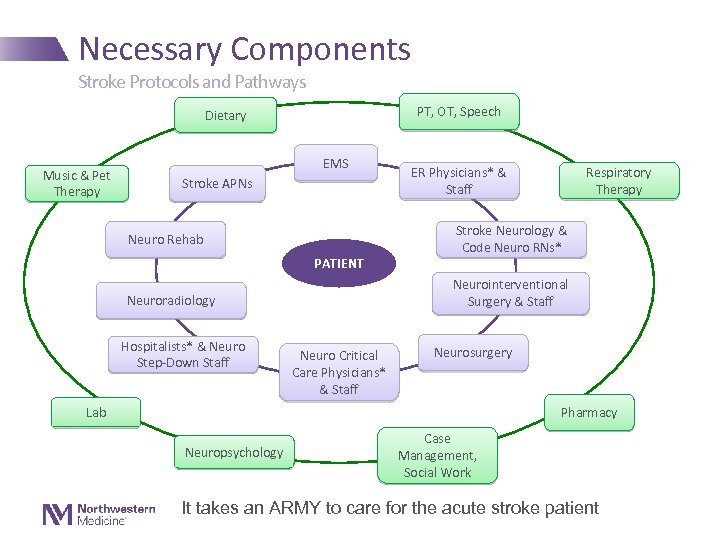 Necessary Components Stroke Protocols and Pathways PT, OT, Speech Dietary Music & Pet Therapy