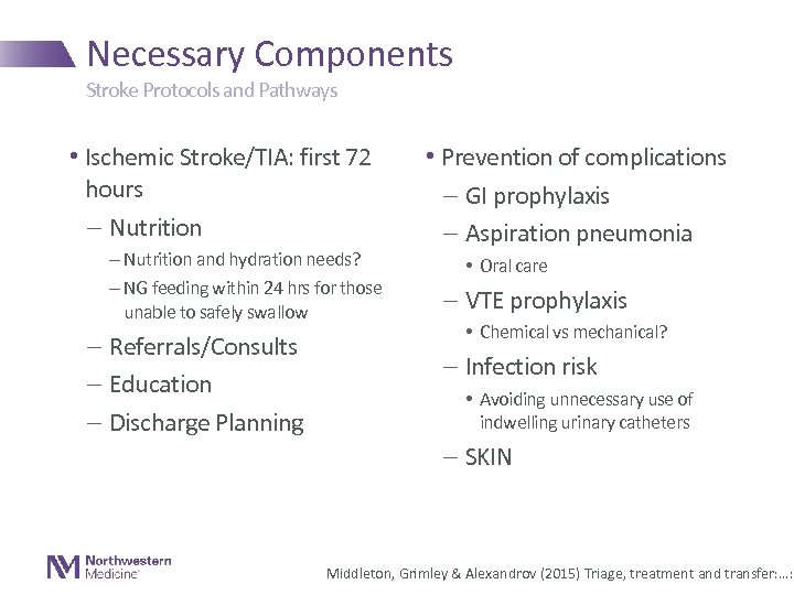 Necessary Components Stroke Protocols and Pathways • Ischemic Stroke/TIA: first 72 hours - Nutrition