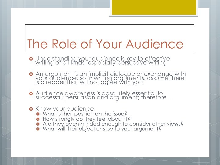 The Role of Your Audience Understanding your audience is key to effective writing of