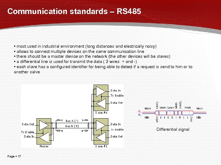 Communication standards – RS 485 • most used in industrial environment (long distances and