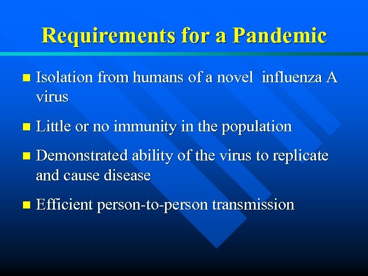 Requirements for a Pandemic n Isolation from humans of a novel influenza A virus