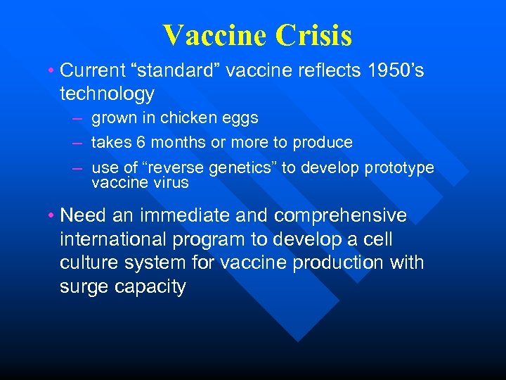 Vaccine Crisis • Current “standard” vaccine reflects 1950’s technology – grown in chicken eggs