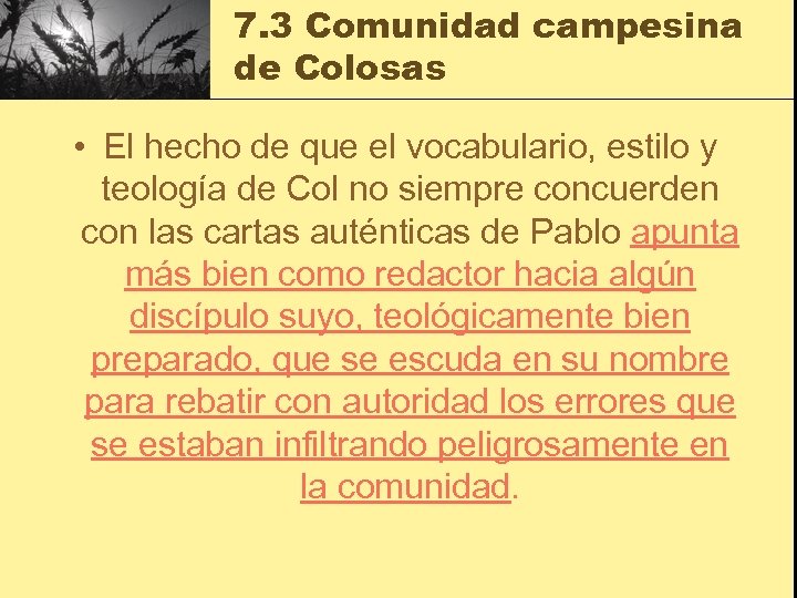 7. 3 Comunidad campesina de Colosas • El hecho de que el vocabulario, estilo