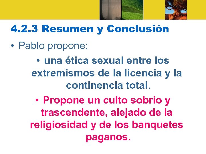 4. 2. 3 Resumen y Conclusión • Pablo propone: • una ética sexual entre