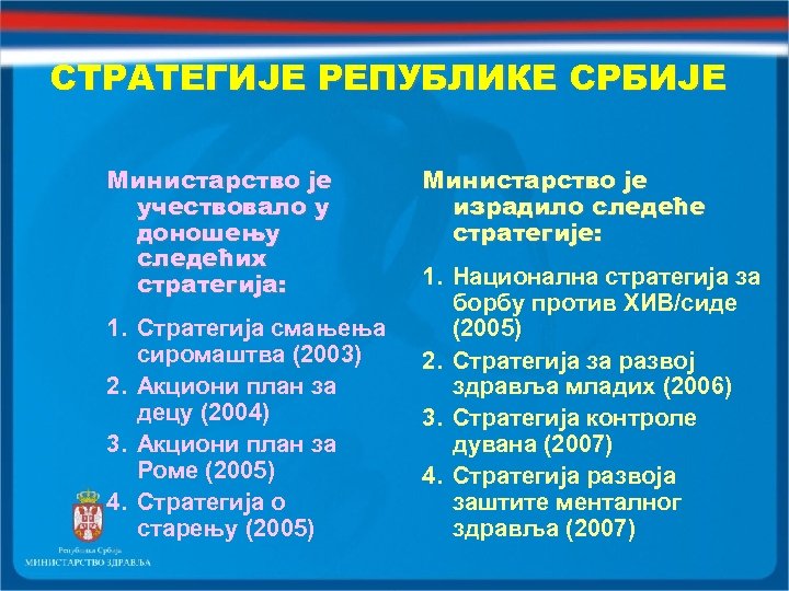 СТРАТЕГИЈЕ РЕПУБЛИКЕ СРБИЈЕ Министарство је учествовало у доношењу следећих стратегија: 1. Стратегија смањења сиромаштва