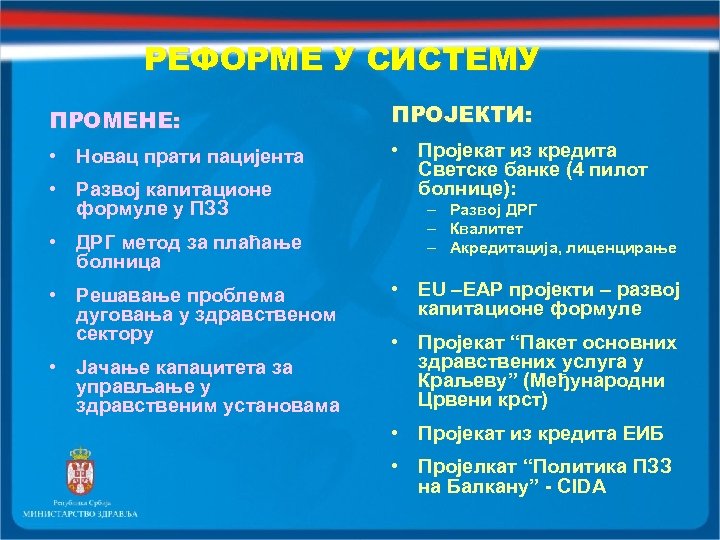 РЕФОРМЕ У СИСТЕМУ ПРОМЕНЕ: ПРОЈЕКТИ: • Новац прати пацијента • Пројекат из кредита Светске