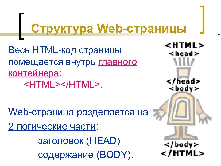 Структура Web-страницы Весь HTML-код страницы помещается внутрь главного контейнера: <HTML></HTML>. Web-страница разделяется на 2
