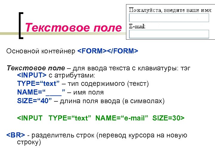 Текстовое поле Основной контейнер <FORM></FORM> Текстовое поле – для ввода текста с клавиатуры: тэг