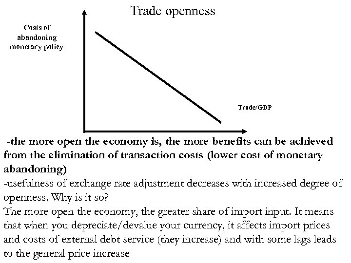 Trade openness Costs of abandoning monetary policy Trade/GDP -the more open the economy is,