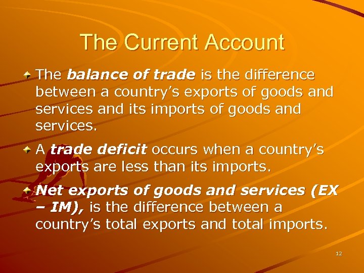 The Current Account The balance of trade is the difference between a country’s exports