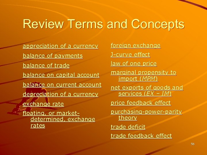 Review Terms and Concepts appreciation of a currency foreign exchange balance of payments J-curve