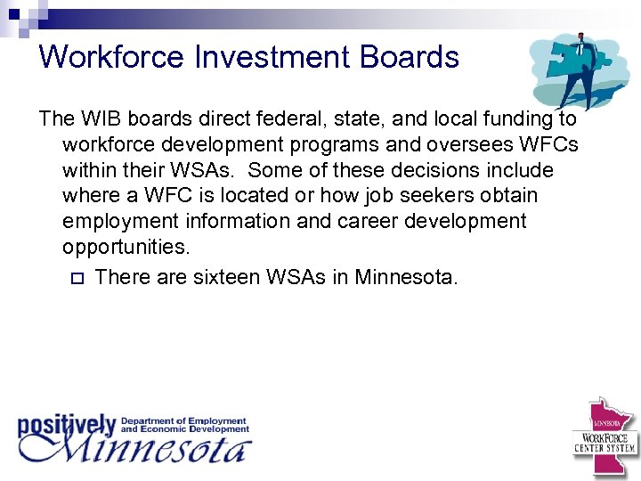 Workforce Investment Boards The WIB boards direct federal, state, and local funding to workforce