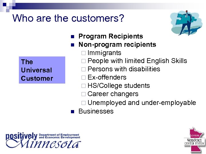 Who are the customers? n n The Universal Customer n Program Recipients Non-program recipients