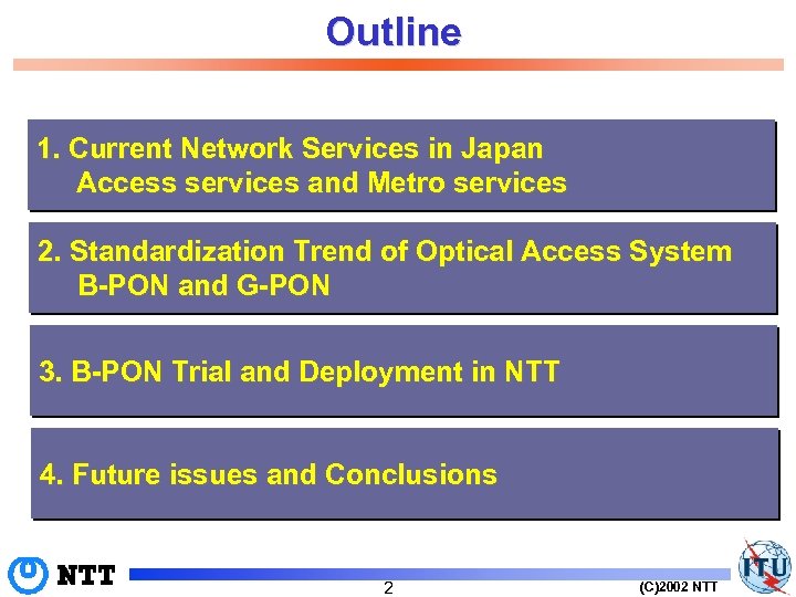 Outline 1. Current Network Services in Japan Access services and Metro services 2. Standardization