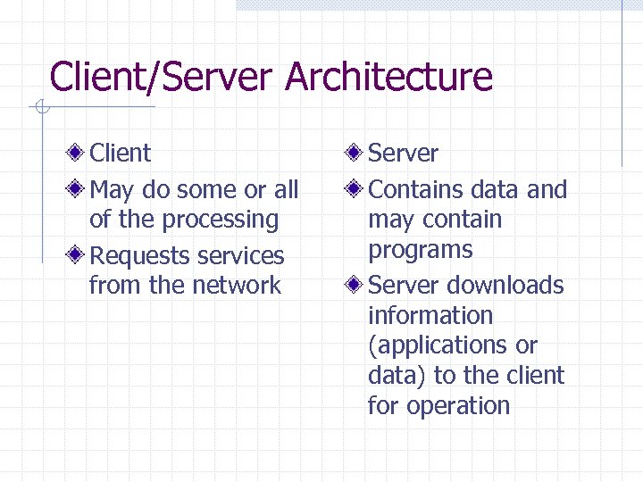 Client/Server Architecture Client May do some or all of the processing Requests services from