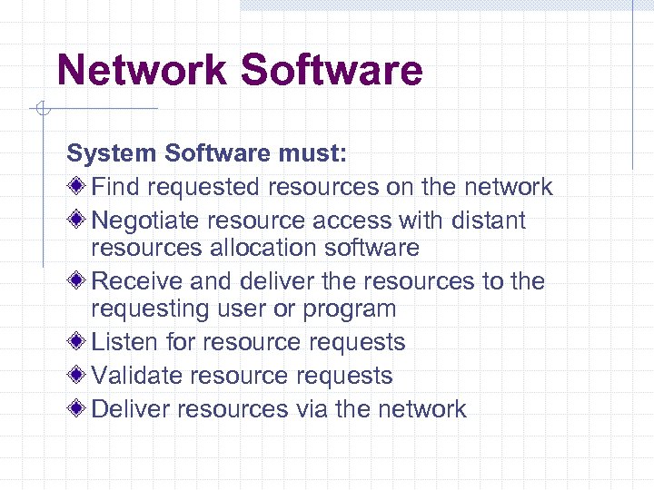 Network Software System Software must: Find requested resources on the network Negotiate resource access