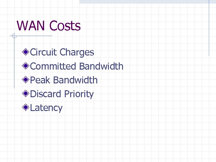 WAN Costs Circuit Charges Committed Bandwidth Peak Bandwidth Discard Priority Latency 